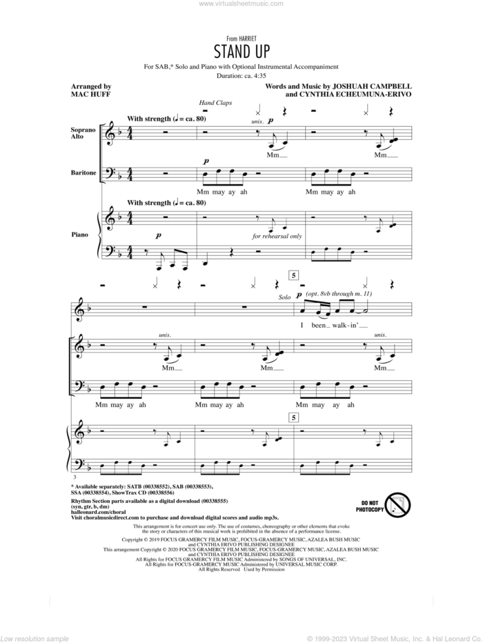 Stand Up (from Harriet) (arr. Mac Huff) sheet music for choir (SAB: soprano, alto, bass) by Cynthia Erivo, Mac Huff, Cynthia Echeumuna-Erivo and Joshuah Campbell, intermediate skill level