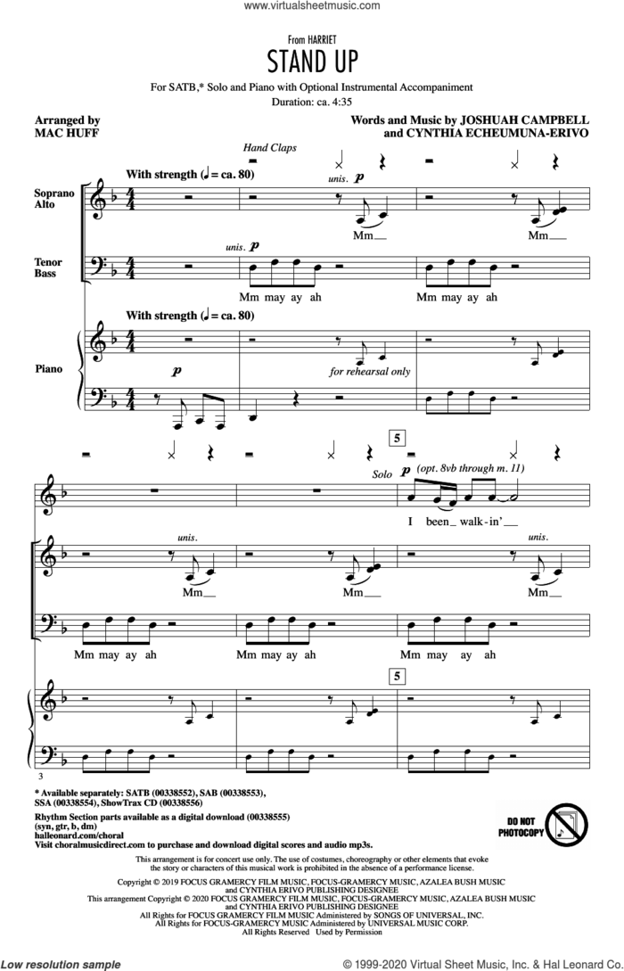 Stand Up (from Harriet) (arr. Mac Huff) sheet music for choir (SATB: soprano, alto, tenor, bass) by Cynthia Erivo, Mac Huff, Cynthia Echeumuna-Erivo and Joshuah Campbell, intermediate skill level