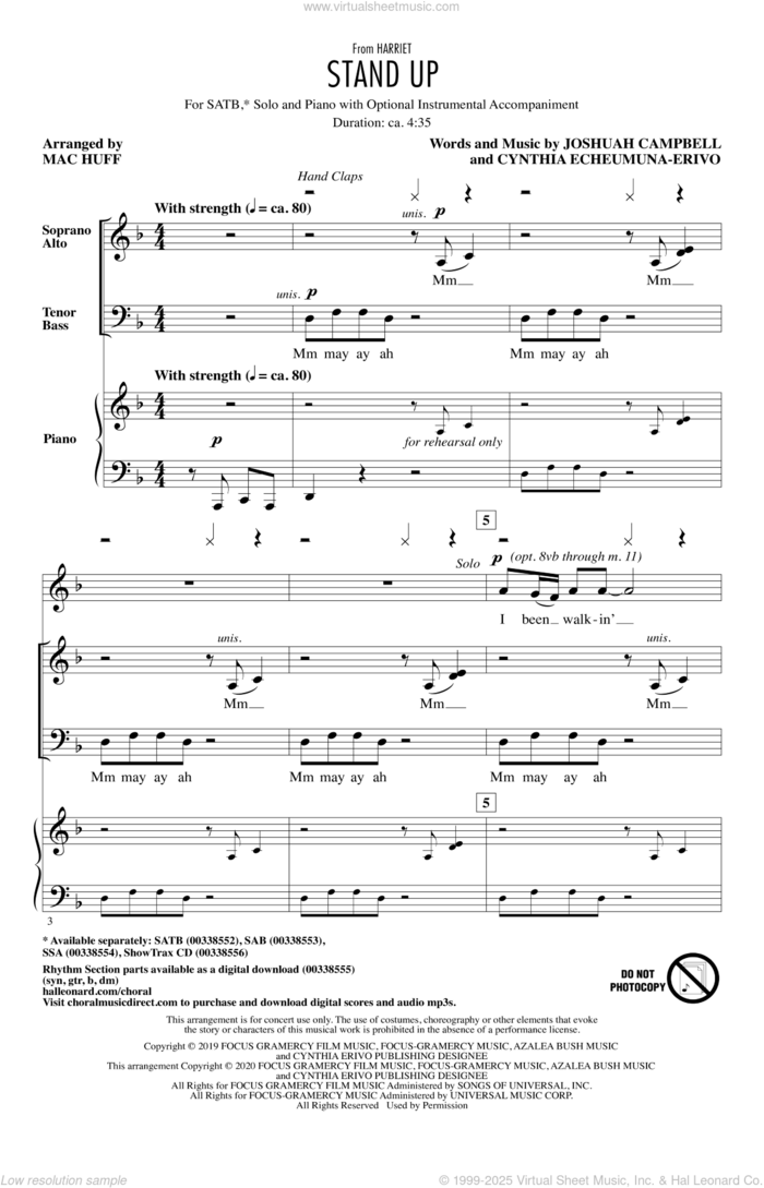 Stand Up (from Harriet) (arr. Mac Huff) sheet music for choir (SATB: soprano, alto, tenor, bass) by Cynthia Erivo, Mac Huff, Cynthia Echeumuna-Erivo and Joshuah Campbell, intermediate skill level