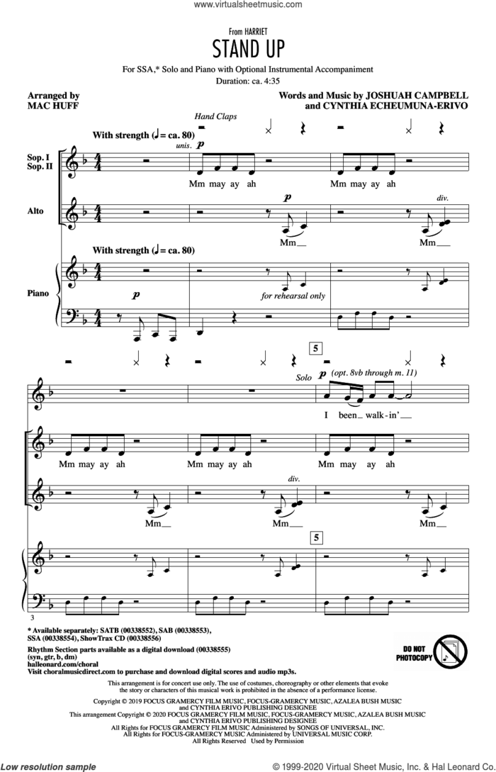Stand Up (from Harriet) (arr. Mac Huff) sheet music for choir (SSA: soprano, alto) by Cynthia Erivo, Mac Huff, Cynthia Echeumuna-Erivo and Joshuah Campbell, intermediate skill level