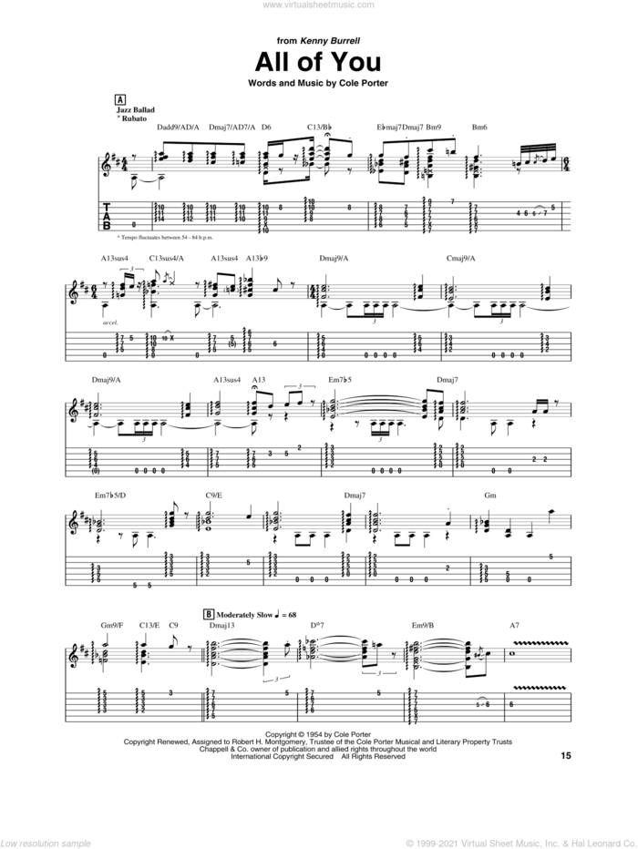 All Of You sheet music for guitar (tablature) by Kenny Burrell and Cole Porter, intermediate skill level
