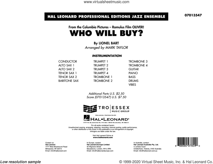Who Will Buy? (from Oliver) (arr. Mark Taylor) (COMPLETE) sheet music for jazz band by Mark Taylor and Lionel Bart, intermediate skill level