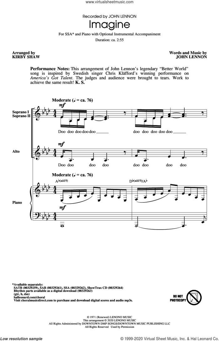 Imagine (arr. Kirby Shaw) sheet music for choir (SSA: soprano, alto) by John Lennon and Kirby Shaw, intermediate skill level