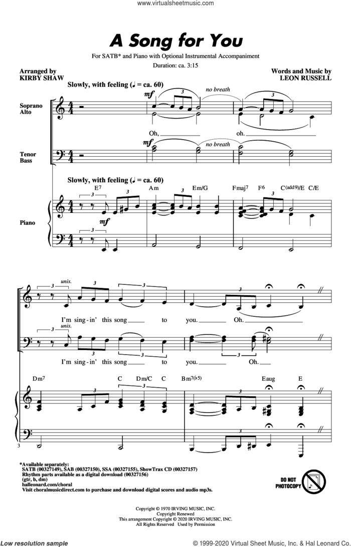 A Song For You (arr. Kirby Shaw) sheet music for choir (SATB: soprano, alto, tenor, bass) by Leon Russell and Kirby Shaw, intermediate skill level