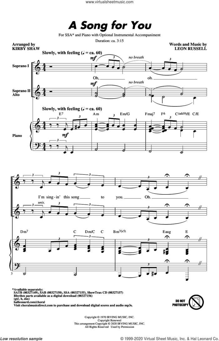 A Song For You (arr. Kirby Shaw) sheet music for choir (SSA: soprano, alto) by Leon Russell and Kirby Shaw, intermediate skill level