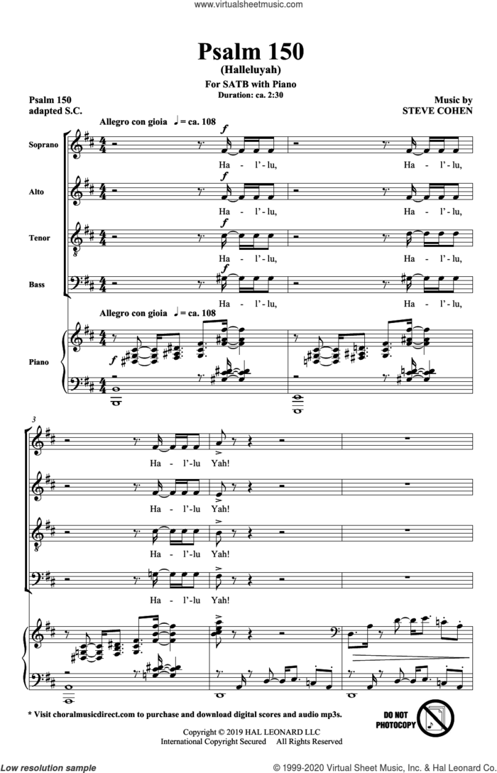 Psalm 150 (Halleluyah) sheet music for choir (SATB: soprano, alto, tenor, bass) by Steve Cohen, intermediate skill level