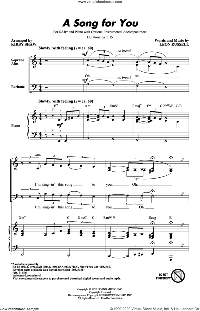 A Song For You (arr. Kirby Shaw) sheet music for choir (SAB: soprano, alto, bass) by Leon Russell and Kirby Shaw, intermediate skill level