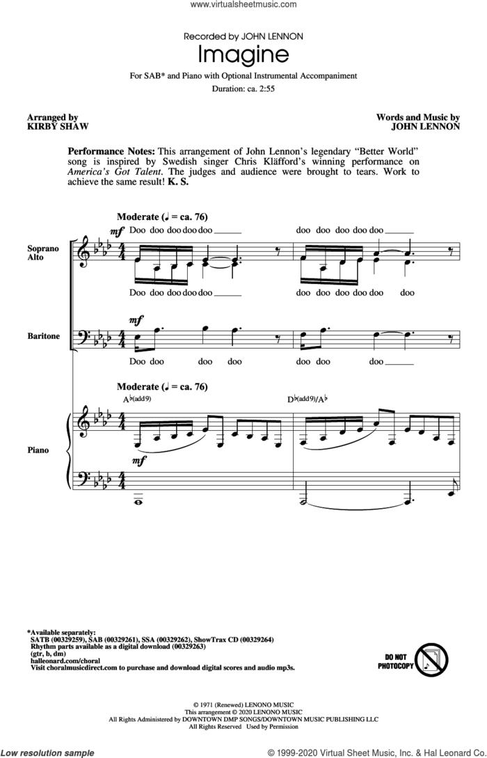 Imagine (arr. Kirby Shaw) sheet music for choir (SAB: soprano, alto, bass) by John Lennon and Kirby Shaw, intermediate skill level