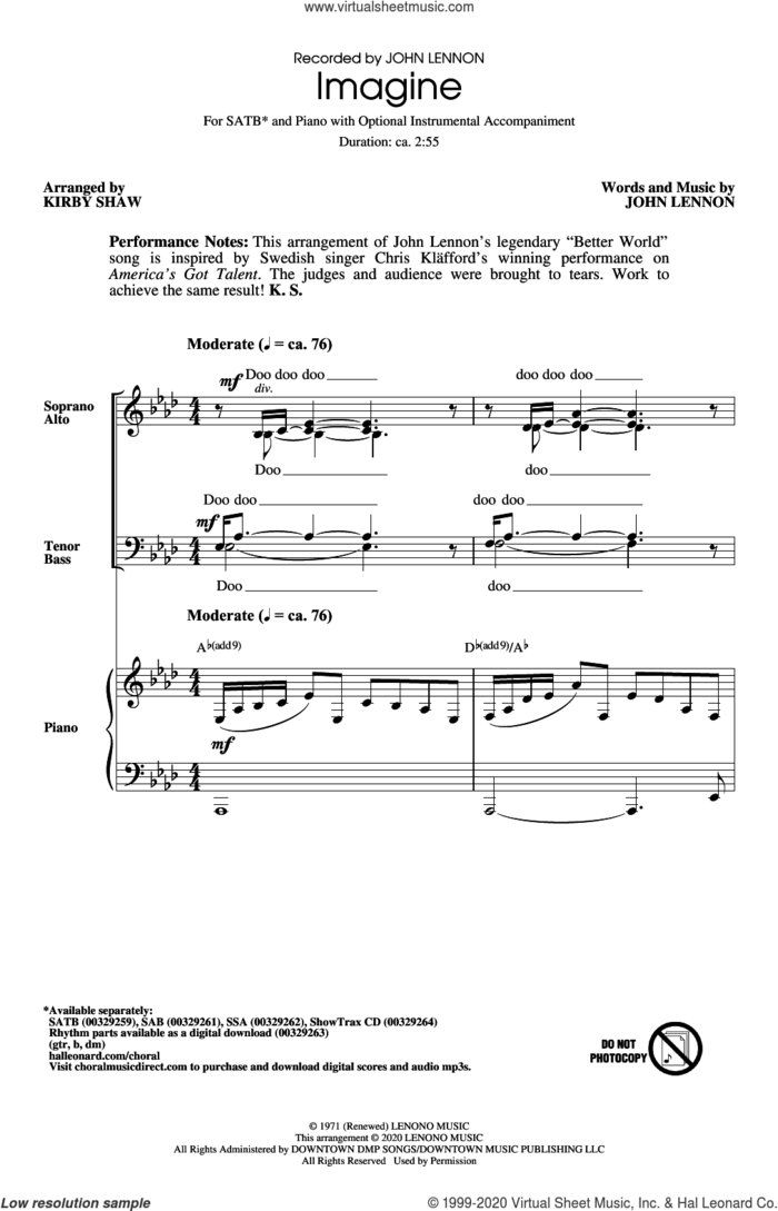 Imagine (arr. Kirby Shaw) sheet music for choir (SATB: soprano, alto, tenor, bass) by John Lennon and Kirby Shaw, intermediate skill level