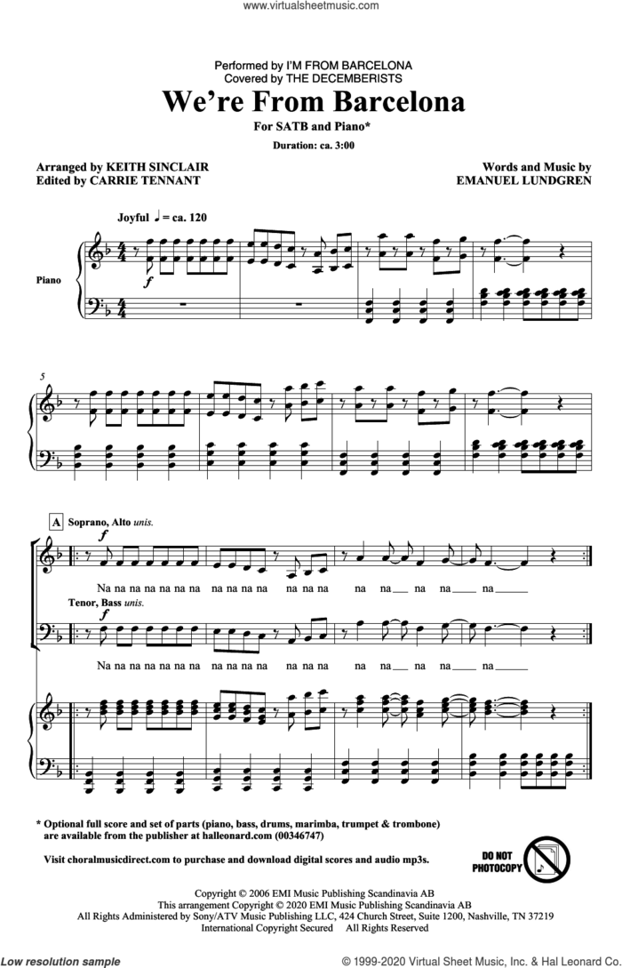 We're From Barcelona (arr. Keith Sinclair) sheet music for choir (SATB: soprano, alto, tenor, bass) by I'm from Barcelona, Keith Sinclair and Emanuel Lundgren, intermediate skill level