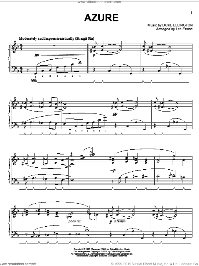 Azure sheet music for piano solo by Duke Ellington and Irving Mills, intermediate skill level