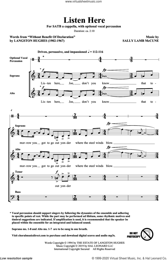 Listen Here sheet music for choir (SATB: soprano, alto, tenor, bass) by Sally Lamb McCune, Langston Hughes and Langston Hughes and Sally Lamb McCune, intermediate skill level