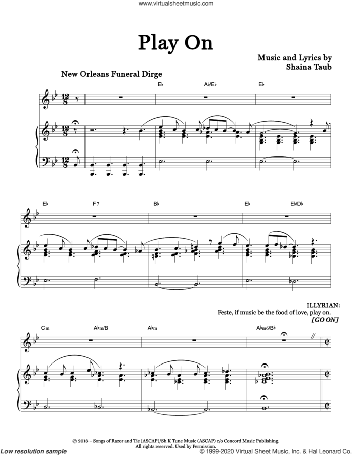 Play On (from Twelfth Night) sheet music for voice and piano by Shaina Taub and New Orleans Funeral Dirge, intermediate skill level