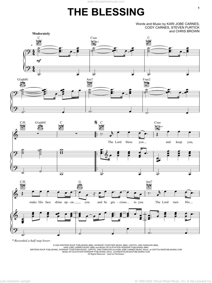 The Blessing sheet music for voice, piano or guitar by Kari Jobe, Cody Carnes & Elevation Worship, Kari Jobe & Cody Carnes, Chris Brown, Cody Carnes, Kari Jobe Carnes and Steven Furtick, intermediate skill level