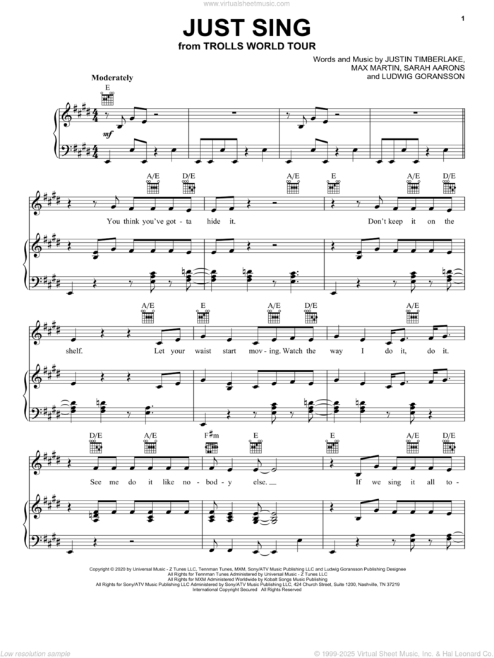 Just Sing (from Trolls World Tour) sheet music for voice, piano or guitar by Trolls World Tour Cast, Justin Timberlake, Ludwig Goransson, Ludwig Goransson, Max Martin and Sarah Aarons, intermediate skill level