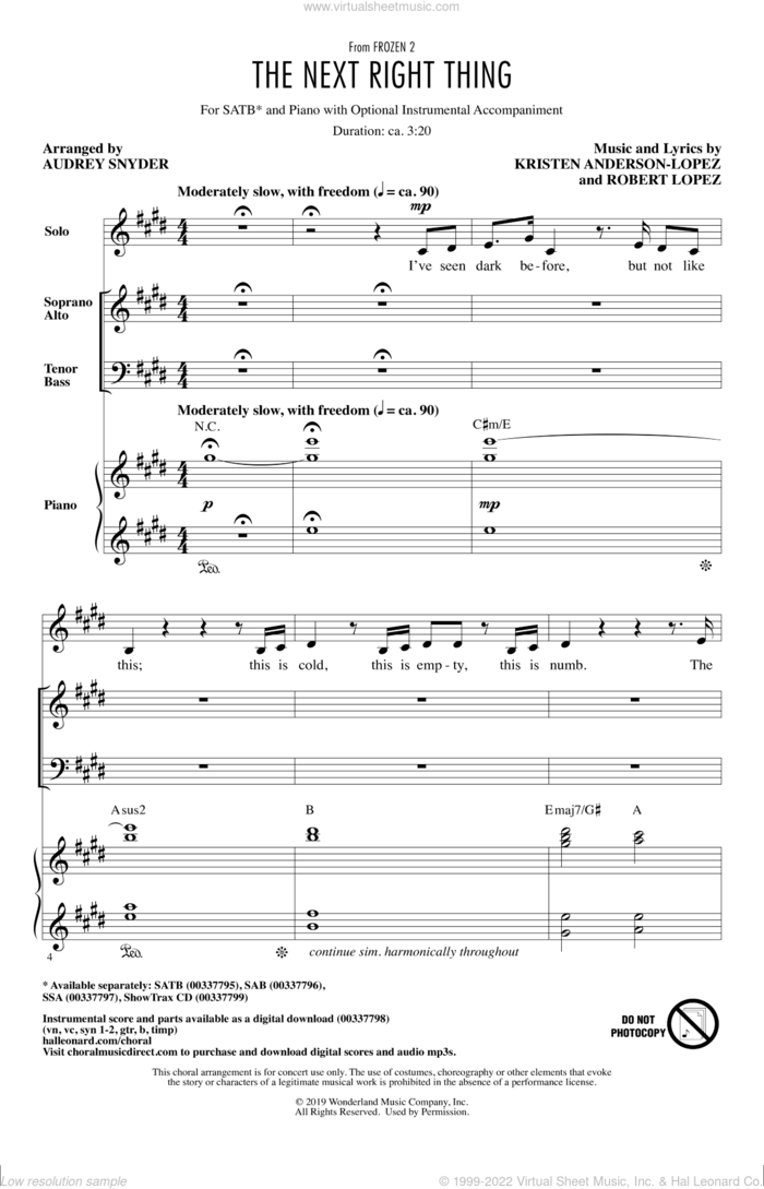 The Next Right Thing (from Disney's Frozen 2) (arr. Audrey Snyder) sheet music for choir (SATB: soprano, alto, tenor, bass) by Kristen Bell, Audrey Snyder, Kristen Anderson-Lopez and Robert Lopez, intermediate skill level