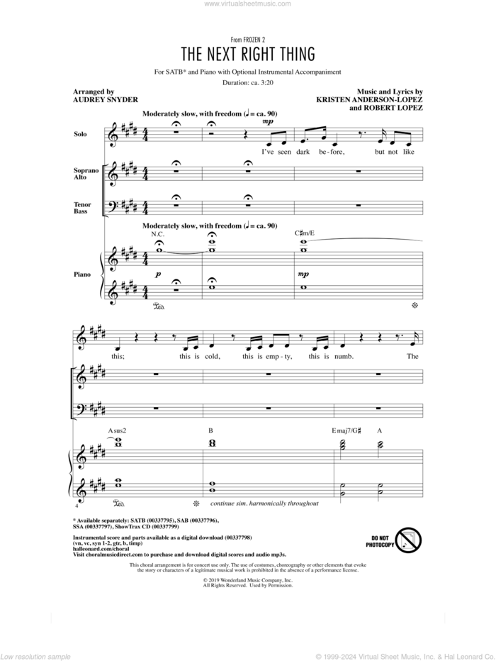 The Next Right Thing (from Disney's Frozen 2) (arr. Audrey Snyder) sheet music for choir (SATB: soprano, alto, tenor, bass) by Kristen Bell, Audrey Snyder, Kristen Anderson-Lopez and Robert Lopez, intermediate skill level