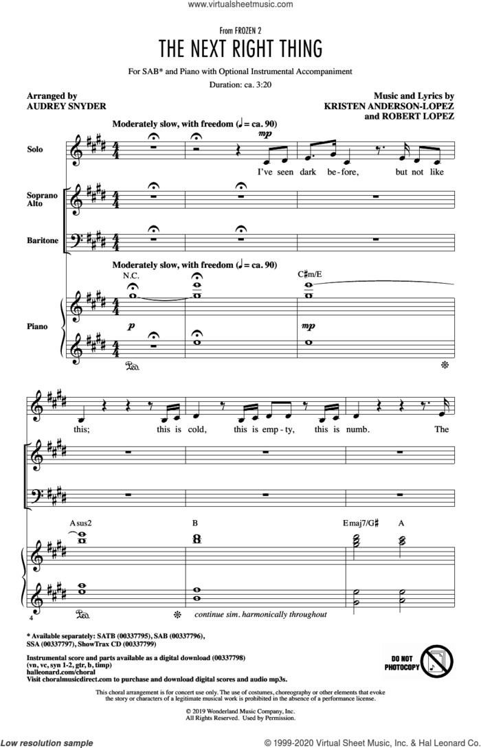 The Next Right Thing (from Disney's Frozen 2) (arr. Audrey Snyder) sheet music for choir (SAB: soprano, alto, bass) by Kristen Bell, Audrey Snyder, Kristen Anderson-Lopez and Robert Lopez, intermediate skill level