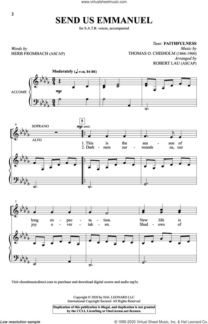 Send Us Emmanuel (arr. Robert Lau) sheet music for choir (SATB: soprano, alto, tenor, bass) by Thomas O. Chisholm, Robert Lau, Herb Frombach and Tune: FAITHFULNESS, intermediate skill level