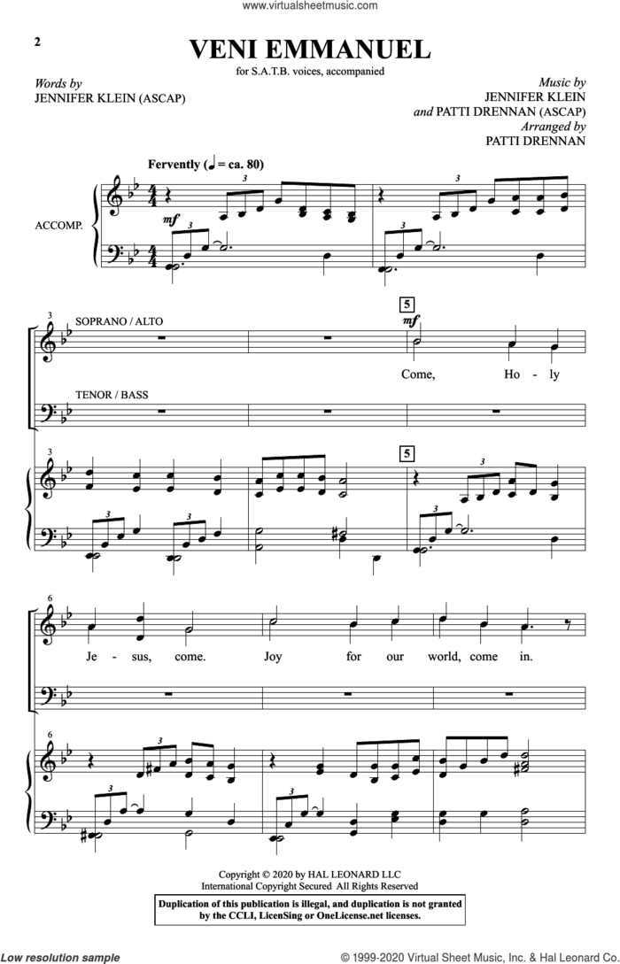 Veni Emmanuel (arr. Patti Drennan) sheet music for choir (SATB: soprano, alto, tenor, bass) by Jennifer Klein and Patti Drennan, intermediate skill level