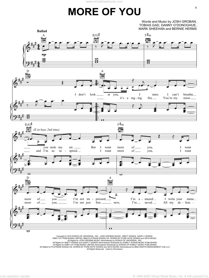 More Of You sheet music for voice, piano or guitar by Josh Groban, Bernie Herms, Mark Sheehan and Toby Gad, intermediate skill level