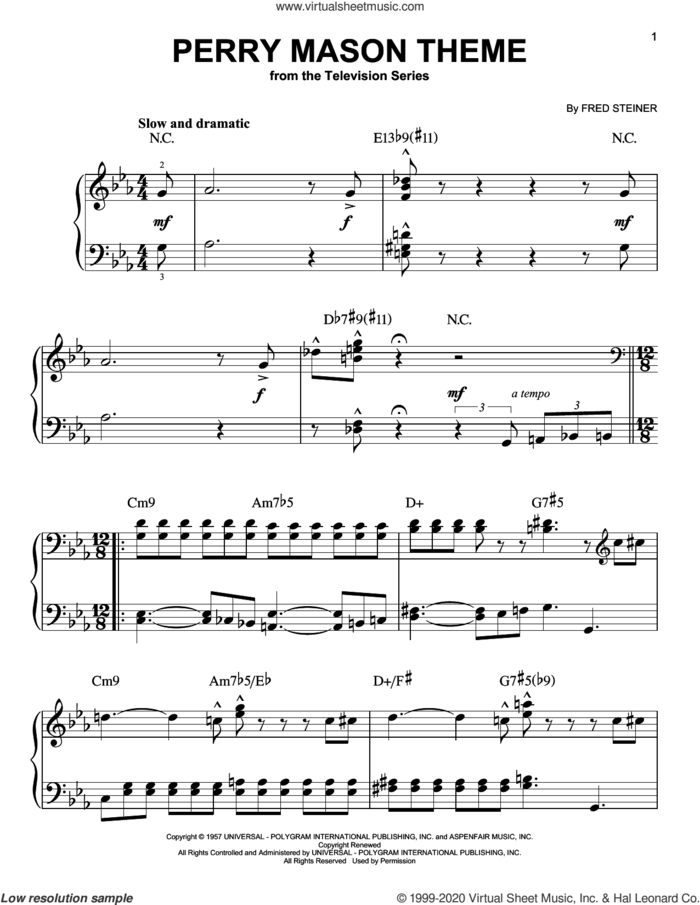 Perry Mason Theme, (beginner) sheet music for piano solo by Fred Steiner, beginner skill level