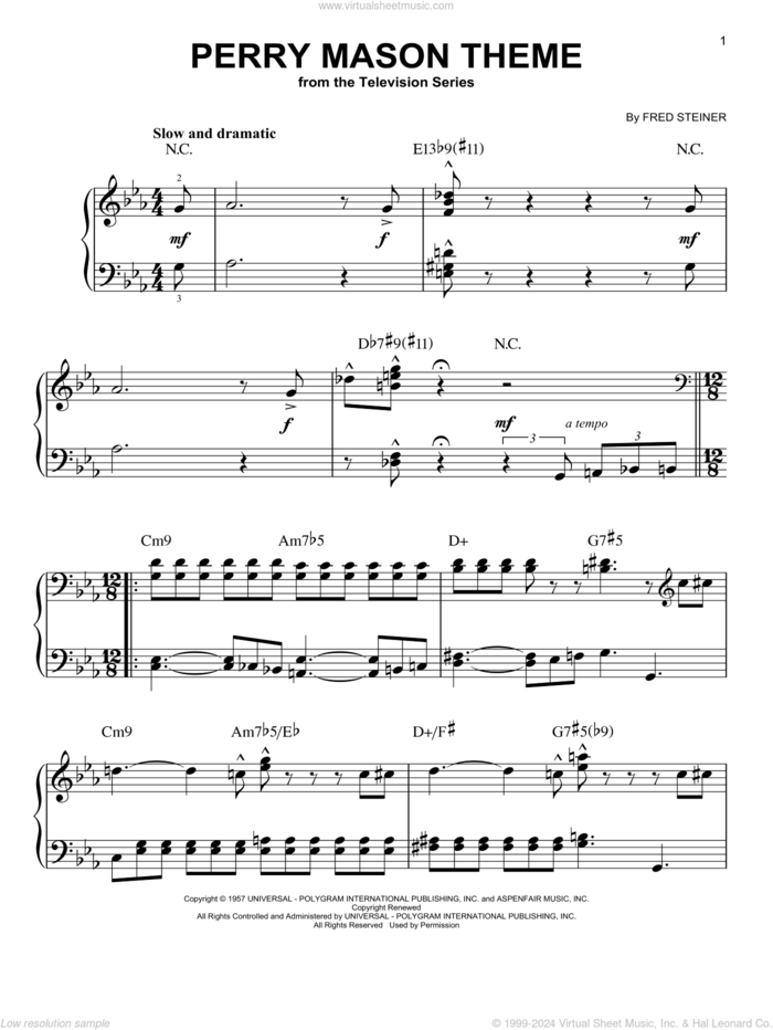 Perry Mason Theme, (beginner) sheet music for piano solo by Fred Steiner, beginner skill level