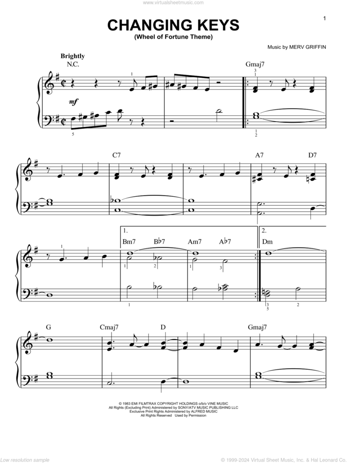 Changing Keys (Wheel Of Fortune Theme), (beginner) sheet music for piano solo by Merv Griffin, beginner skill level