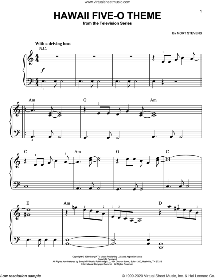 Hawaii Five-O Theme sheet music for piano solo by The Ventures and Mort Stevens, beginner skill level