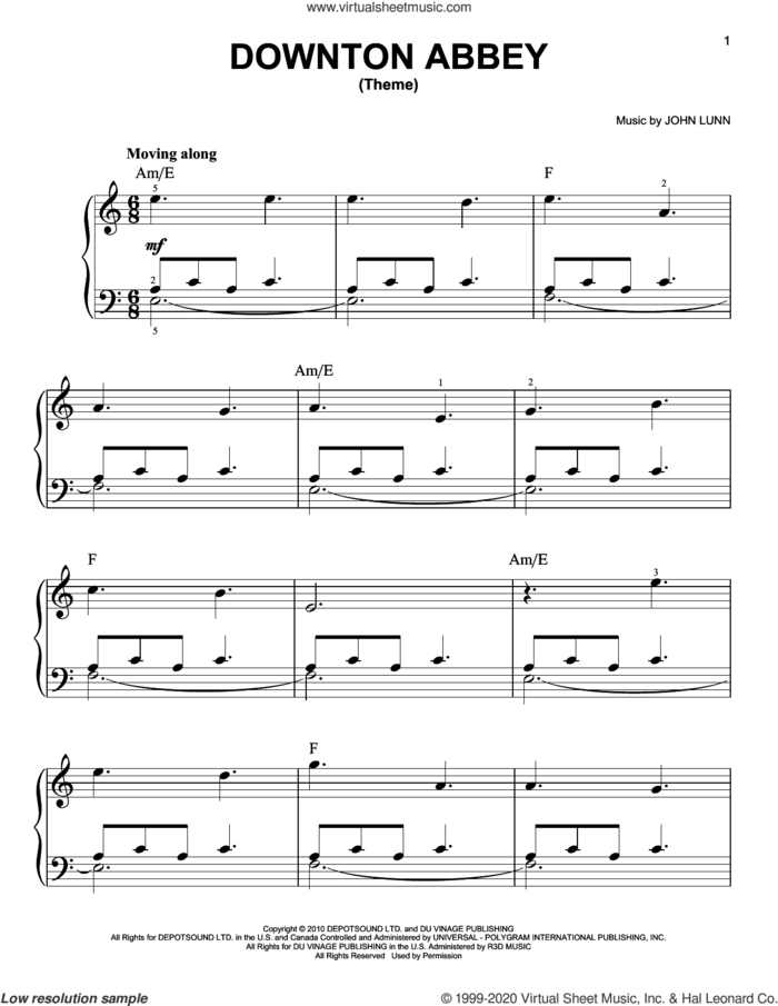 Downton Abbey (Theme), (beginner) sheet music for piano solo by John Lunn, beginner skill level