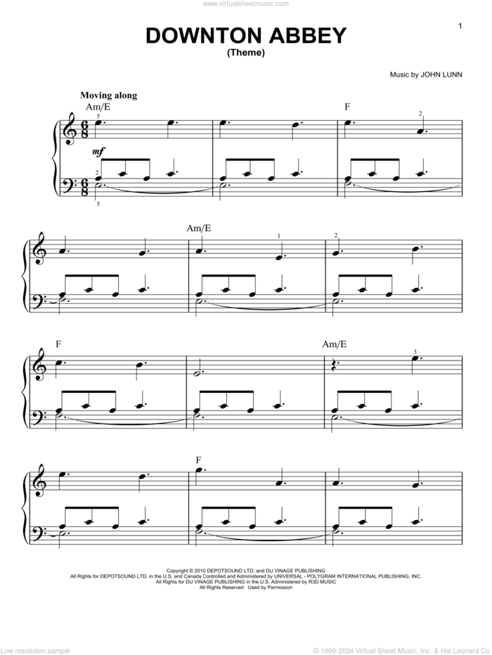 Downton Abbey (Theme), (beginner) sheet music for piano solo by John Lunn, beginner skill level