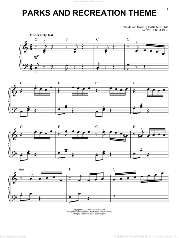 Parks And Recreation Theme sheet music for piano solo by Gaby Moreno and Vincent Jones, Gaby Moreno and Vincent Jones, beginner skill level