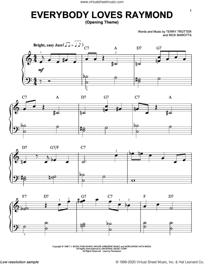 Everybody Loves Raymond (Opening Theme) sheet music for piano solo by Terry Trotter and Rick Marotta, Rick Marotta and Terry Trotter, beginner skill level