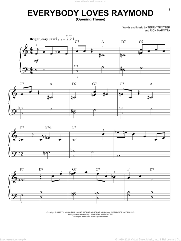 Everybody Loves Raymond (Opening Theme) sheet music for piano solo by Terry Trotter and Rick Marotta, Rick Marotta and Terry Trotter, beginner skill level