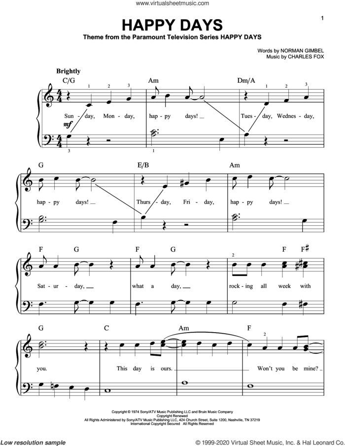 Happy Days, (beginner) sheet music for piano solo by Pratt & McClain, Charles Fox and Norman Gimbel, beginner skill level