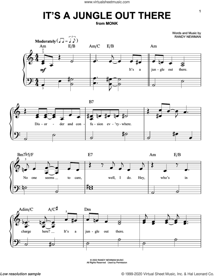 It's A Jungle Out There (from Monk) sheet music for piano solo by Randy Newman, beginner skill level
