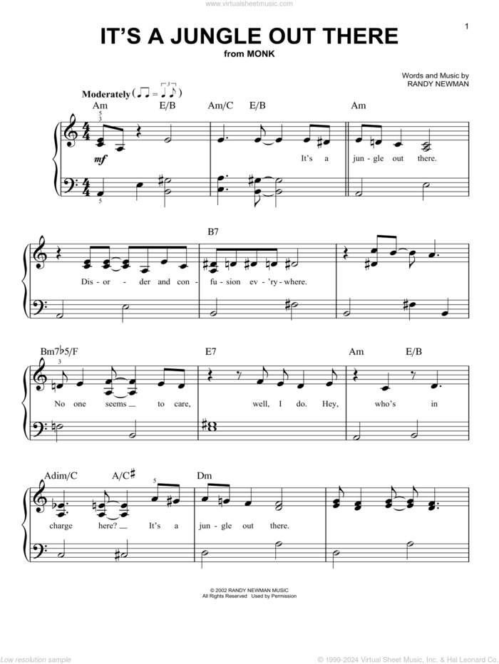 It's A Jungle Out There (from Monk) sheet music for piano solo by Randy Newman, beginner skill level