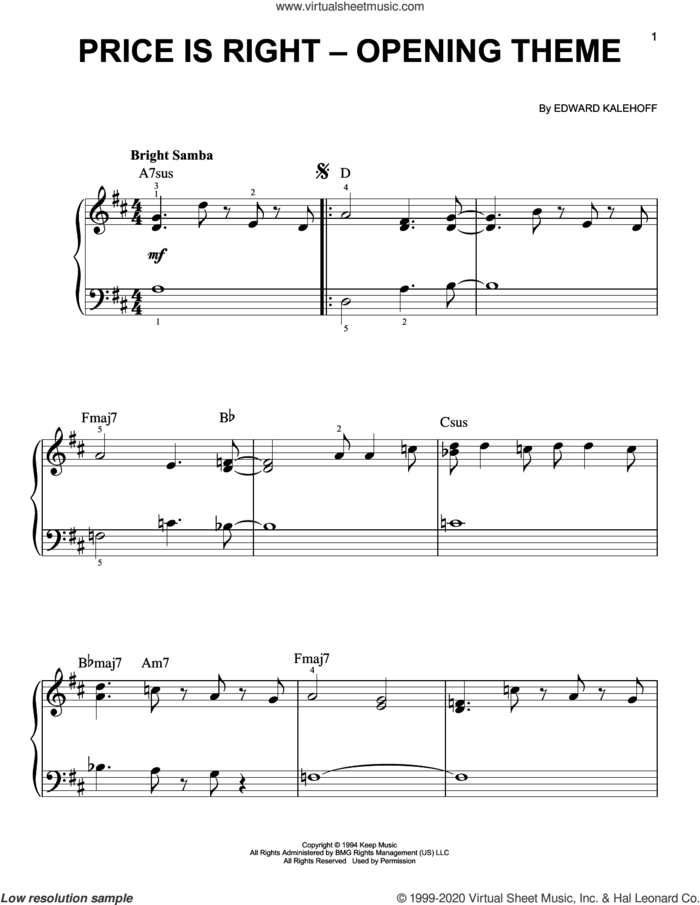 Price Is Right - Opening Theme sheet music for piano solo by Edward Kalehoff, beginner skill level