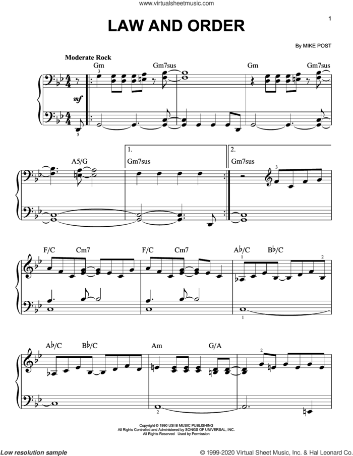 Law And Order, (beginner) sheet music for piano solo by Mike Post, beginner skill level