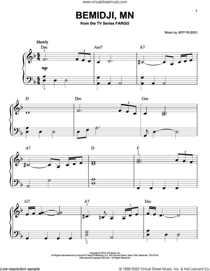 Bemidji, MN (from Fargo) sheet music for piano solo by Jeff Russo, beginner skill level