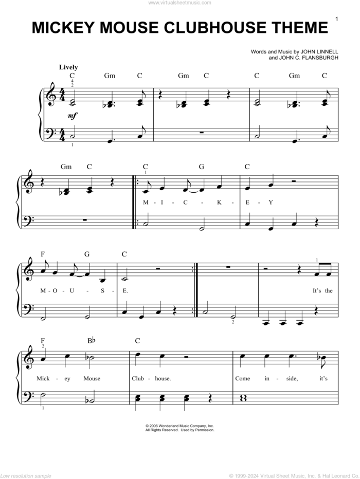 Mickey Mouse Clubhouse Theme sheet music for piano solo by John C. Flansburgh, John Flansburgh & John Linnell and John Linnell, beginner skill level