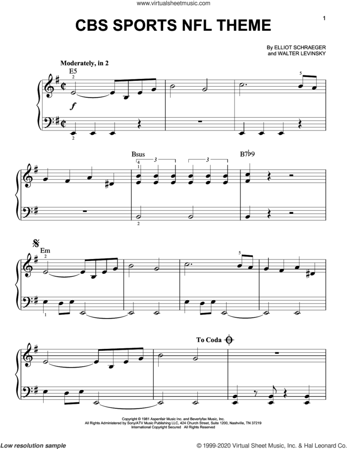 CBS Sports NFL Theme, (beginner) sheet music for piano solo by Walter Levinsky, Elliot Schraeger and Elliot Schraeger and Walter Levinsky, beginner skill level