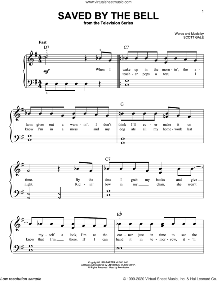 Saved By The Bell sheet music for piano solo by Scott Gale, beginner skill level