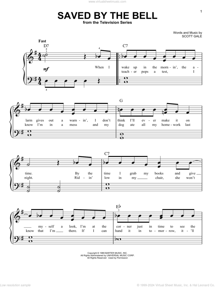 Saved By The Bell sheet music for piano solo by Scott Gale, beginner skill level