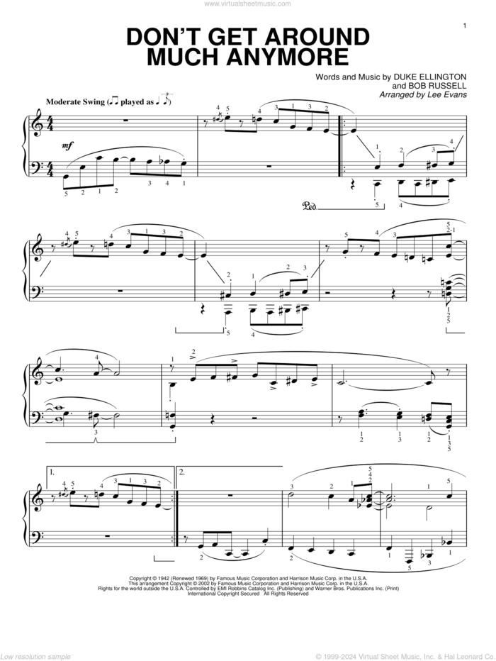 Don't Get Around Much Anymore sheet music for piano solo by Duke Ellington, Lee Evans and Bob Russell, intermediate skill level