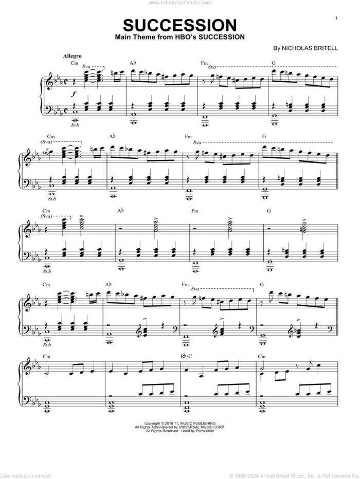 Succession Theme sheet music for piano solo by Nicholas Britell, intermediate skill level