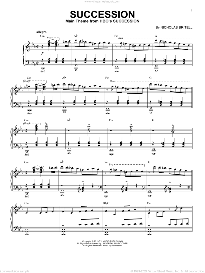 Succession Theme sheet music for piano solo by Nicholas Britell, intermediate skill level