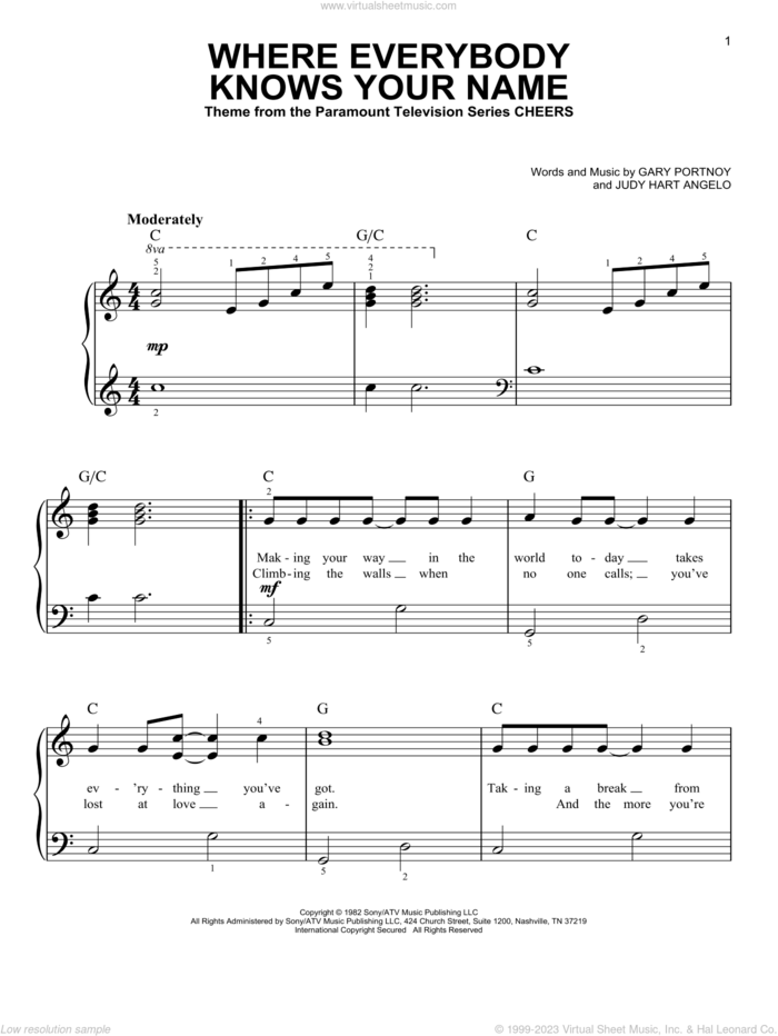 Where Everybody Knows Your Name (Theme from Cheers) sheet music for piano solo by Gary Portnoy and Judy Hart Angelo, beginner skill level