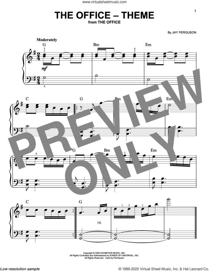 The Office - Theme sheet music for piano solo by Jay Ferguson, beginner skill level