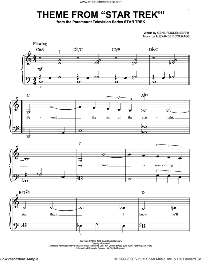 Theme from Star Trek sheet music for piano solo by Alexander Courage and Gene Roddenberry, beginner skill level